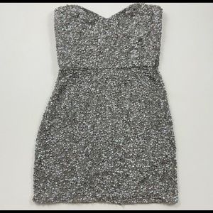 Party Dress Parker Sequin Grey Silver Iridescent Mini Bodycon Dress. Strapless
